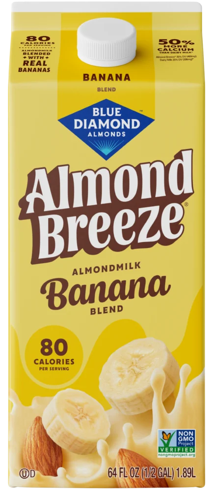 Carton of Blue Diamond Almond Breeze banana-flavored almondmilk.