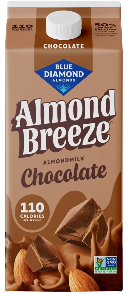 A carton of Blue Diamond Almond Breeze chocolate almond milk.