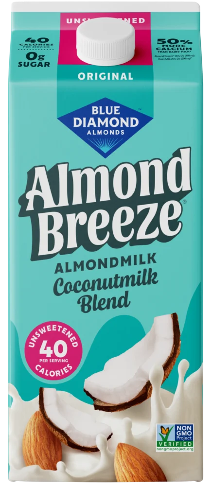 Carton of Blue Diamond Almond Breeze unsweetened almondmilk and coconutmilk blend.