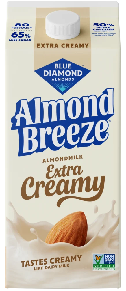Carton of Blue Diamond Almond Breeze Extra Creamy almondmilk.