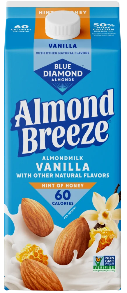 Carton of Blue Diamond Almond Breeze Vanilla Hint of Honey almondmilk.