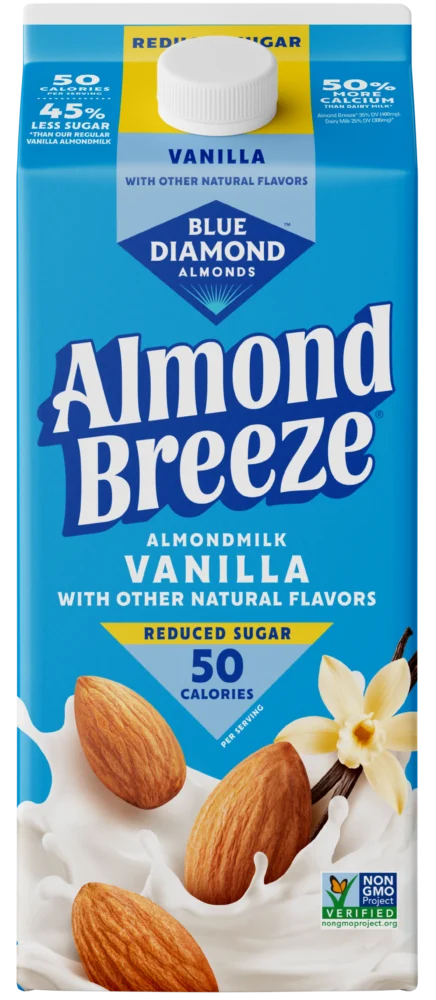 Carton of Blue Diamond Almond Breeze Reduced Sugar Vanilla almondmilk featuring 50 calories per serving.
