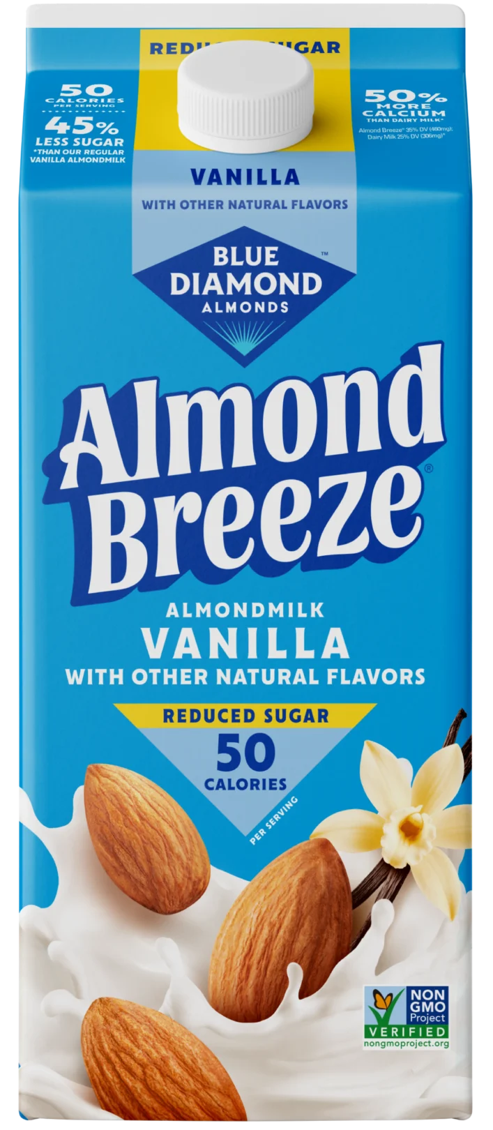 Carton of Blue Diamond Almond Breeze Reduced Sugar Vanilla almondmilk featuring 50 calories per serving.